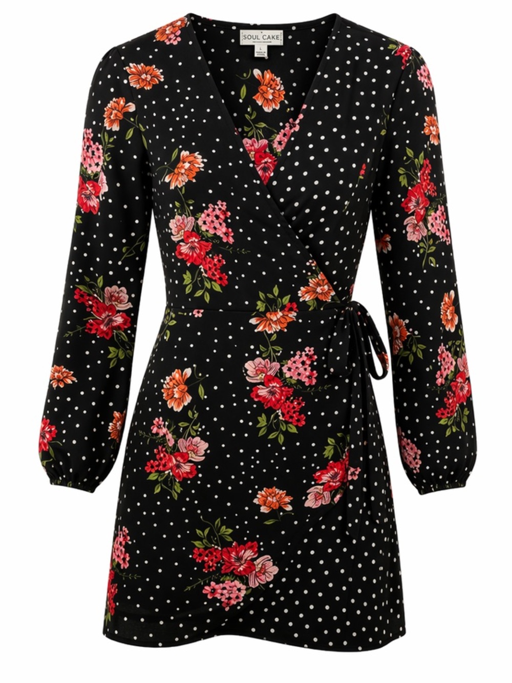 Soul Cake Black Floral Polka Dot Wrap Mini Dress Long Sleeve True Wrap Large